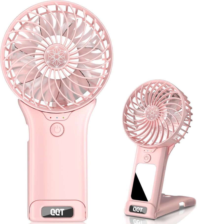 QQT Mini Handheld Fan,4 Speed Adjustable Portable Battery Operated Fans,USB Rechargeable Desk Fan with Mirror,Max 20 Hrs Hand Fan For Travel Office Outdoor Women Men (Pink) - Image 1